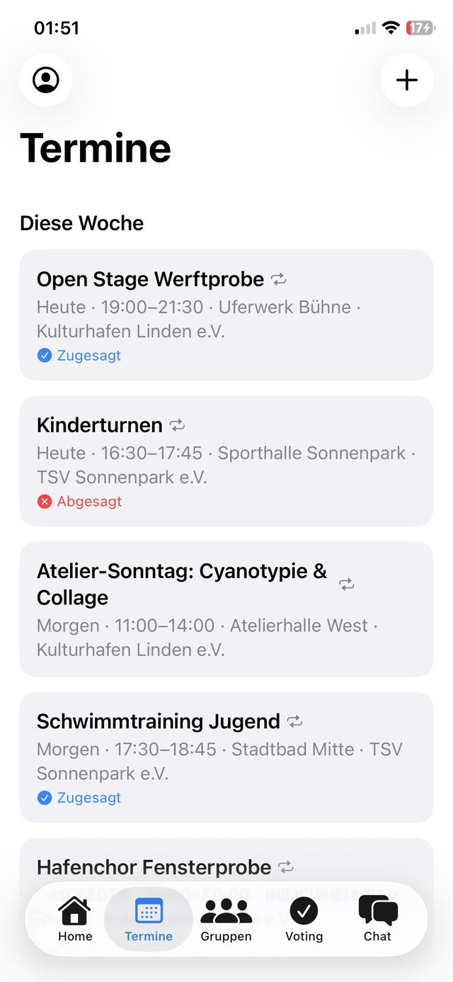 Klublink App auf iPhone: Terminübersicht