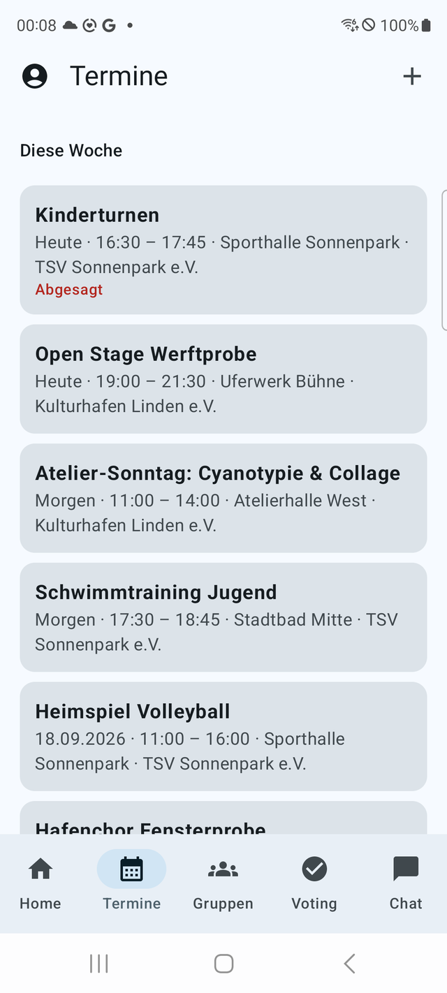 Klublink App auf Android: Terminübersicht
