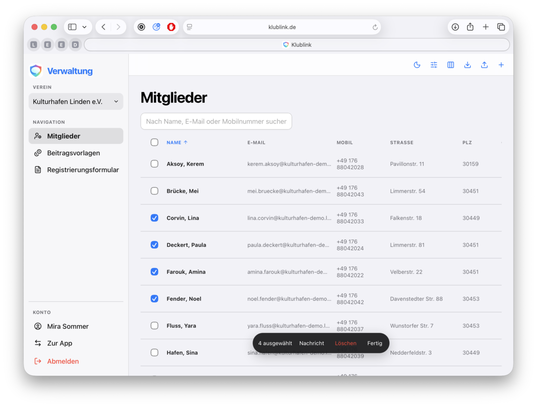 Klublink Vereinsverwaltung im Browser: Mitgliederliste